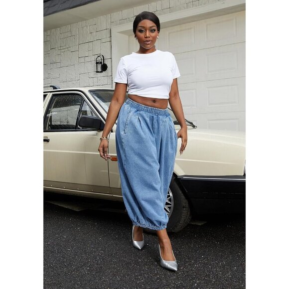 Women's Cropped Elastic Waist Denim Pants Loose Baggy Wide Leg Trousers - Picture 7 of 9